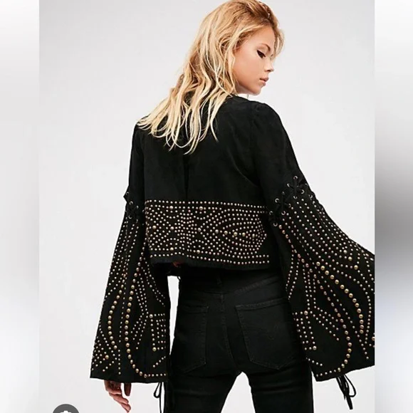 Free People Black Suede Leather Jacket with Gold Studs - Picture 1 of 8